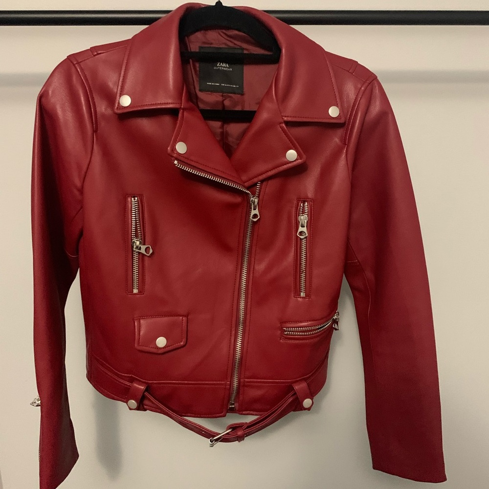 ZARA Red Faux Leather Biker Jacket